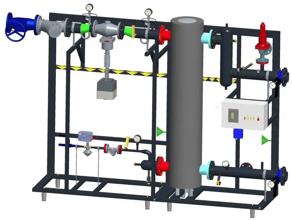 Danfoss-System zur Regelung von Durchfluss und Druck, ausgestattet mit verschiedenen Ventilen, Manometern und einem Steuergerät, auf einem stabilen Rahmen aufgebaut.